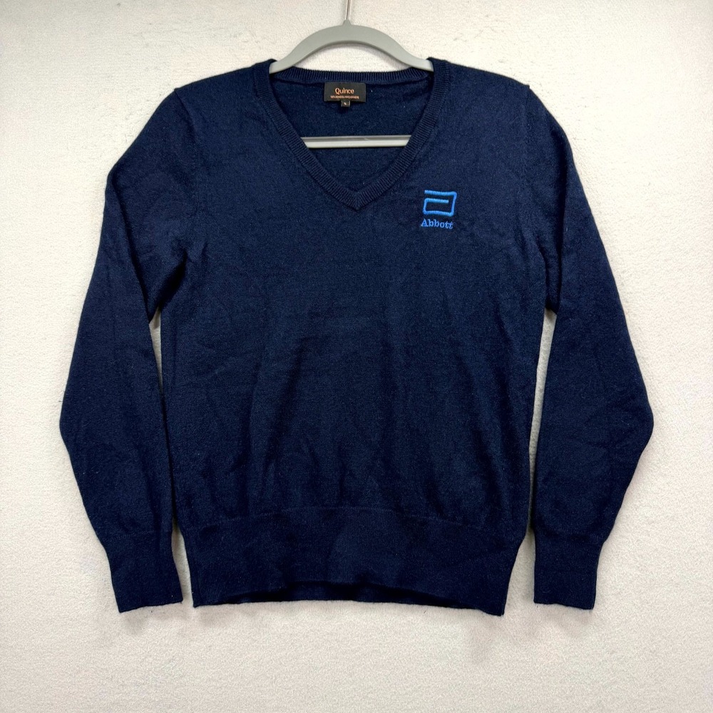 Quince Cashmere Sweater Mens Small Navy Blue Embroidered Abbott Logo Knit V-Neck